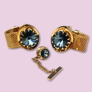Smart Set-Golden and Blue Cufflinks and Tie Tack Set on Original Box